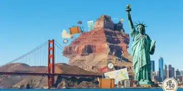 Iconic US landmarks with a $50 budget tag, symbolizing affordable travel