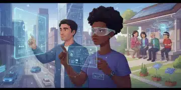 Americans engaging with advanced technology in 2026, showcasing smart devices, augmented reality, and digital integration in daily life.