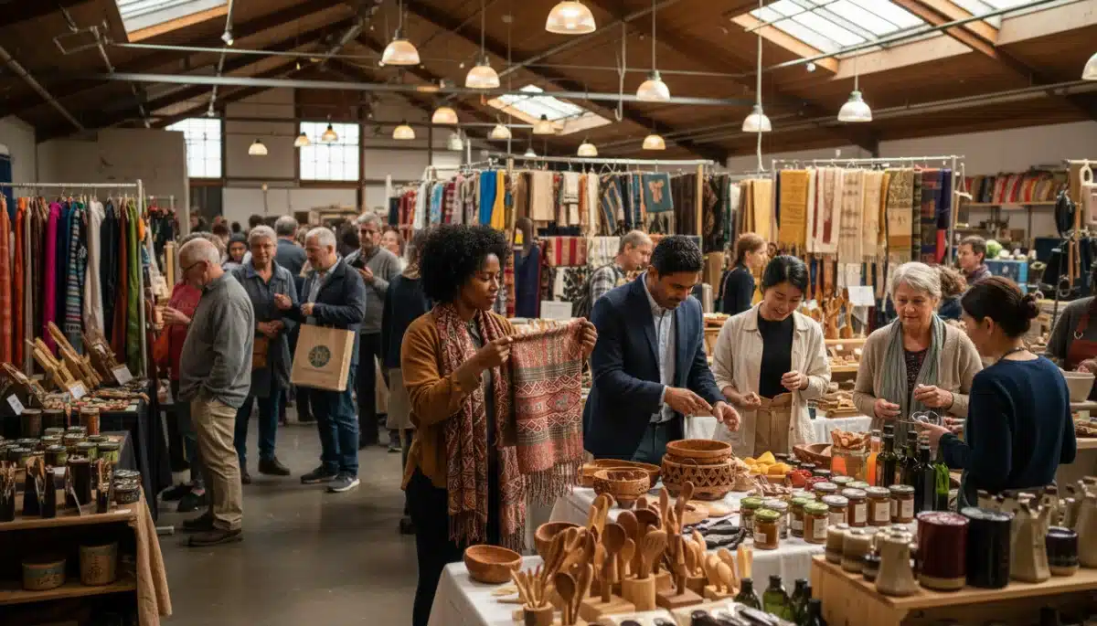 Consumers browsing handmade products at an artisanal market, showing appreciation for unique, authentic goods.