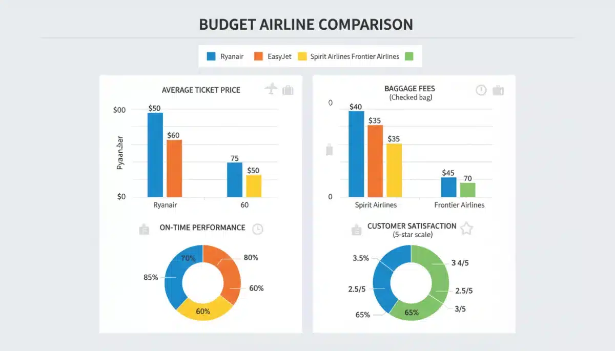 Infographic comparing budget airline performance metrics and customer satisfaction for US domestic travel.
