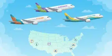 Modern budget airline planes flying over a map of the United States, symbolizing affordable domestic travel in 2026.