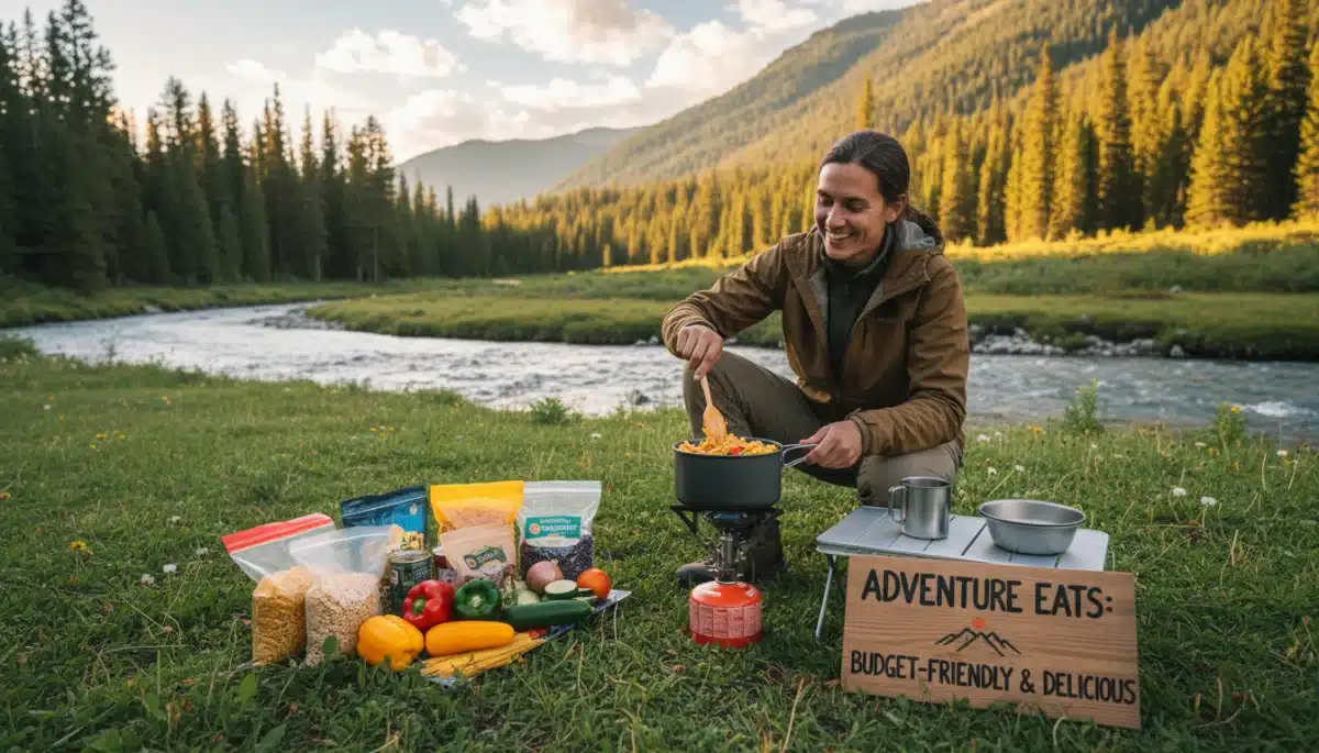 Traveler cooking budget meal at campsite, emphasizing food savings
