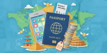 Smartphone displaying budget travel apps with money-saving icons and a global map background, symbolizing affordable trips.