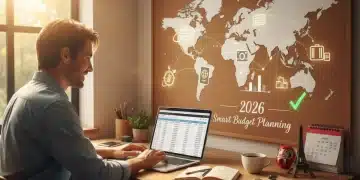 Traveler planning budget on laptop with world map