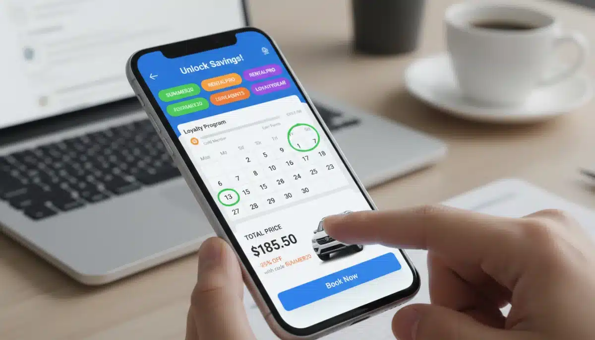 Smartphone displaying car rental discount codes and booking options