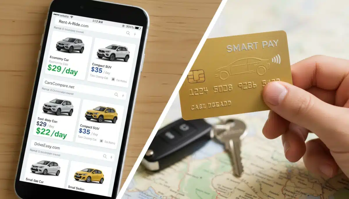 Comparing car rental prices on a smartphone with a credit card for smart booking