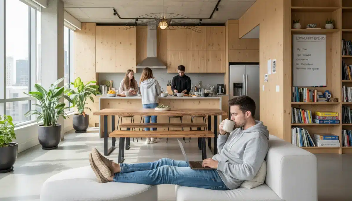 Traveler enjoying a co-living space, exemplifying affordable alternative accommodation.