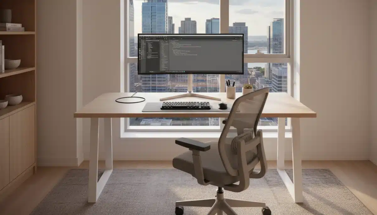 Ergonomic co-working desk setup in a co-living space with city view