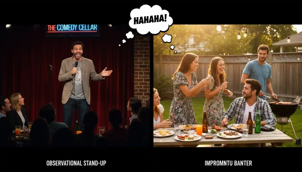 Stand-up comedy and casual banter, showcasing humor diversity