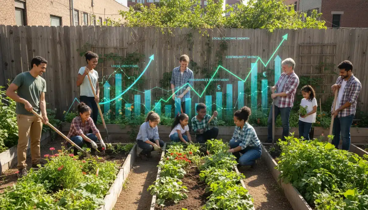 Diverse group collaborating on a community garden, symbolizing economic sustainability and local investment.