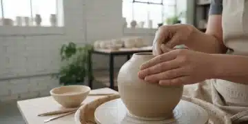 Hands crafting ceramic pot, symbolizing skilled craftsmanship and authentic production.