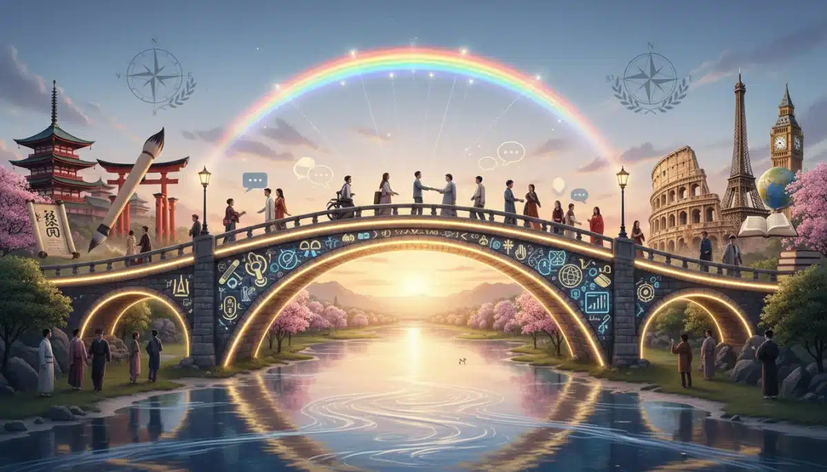 Bridge connecting cultural symbols representing cross-cultural communication