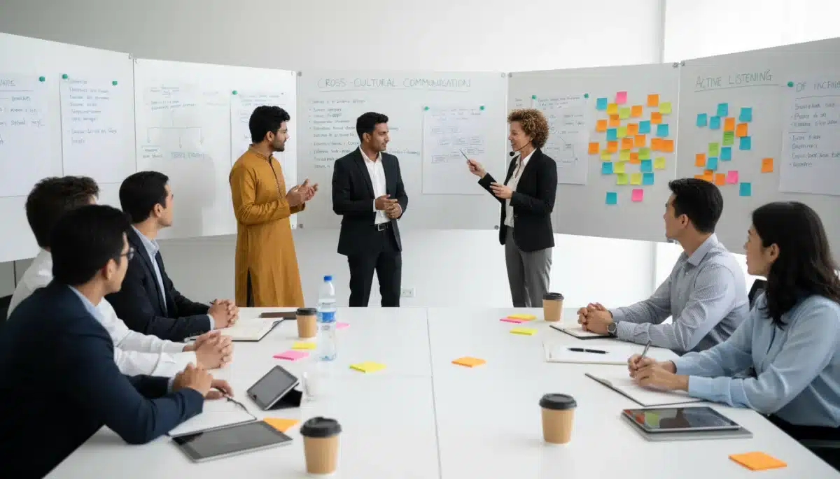 Employees engaged in a cross-cultural communication workshop, practicing dialogue and understanding diverse perspectives.