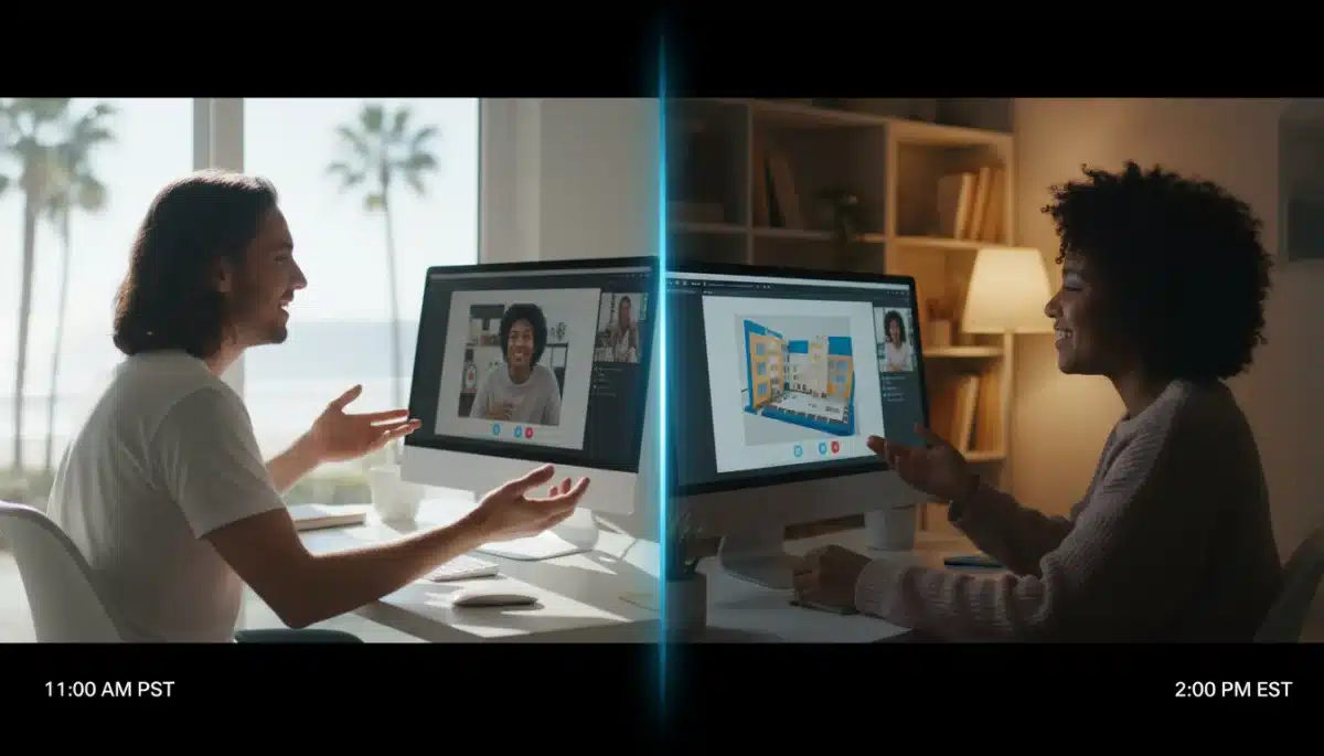 Remote workers collaborating across US time zones with effective communication tools