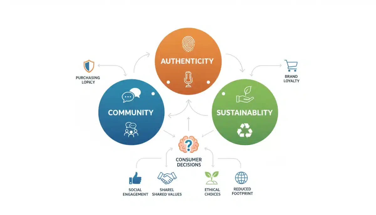 Infographic illustrating the interconnected impact of authenticity, community, and sustainability on consumer choices.