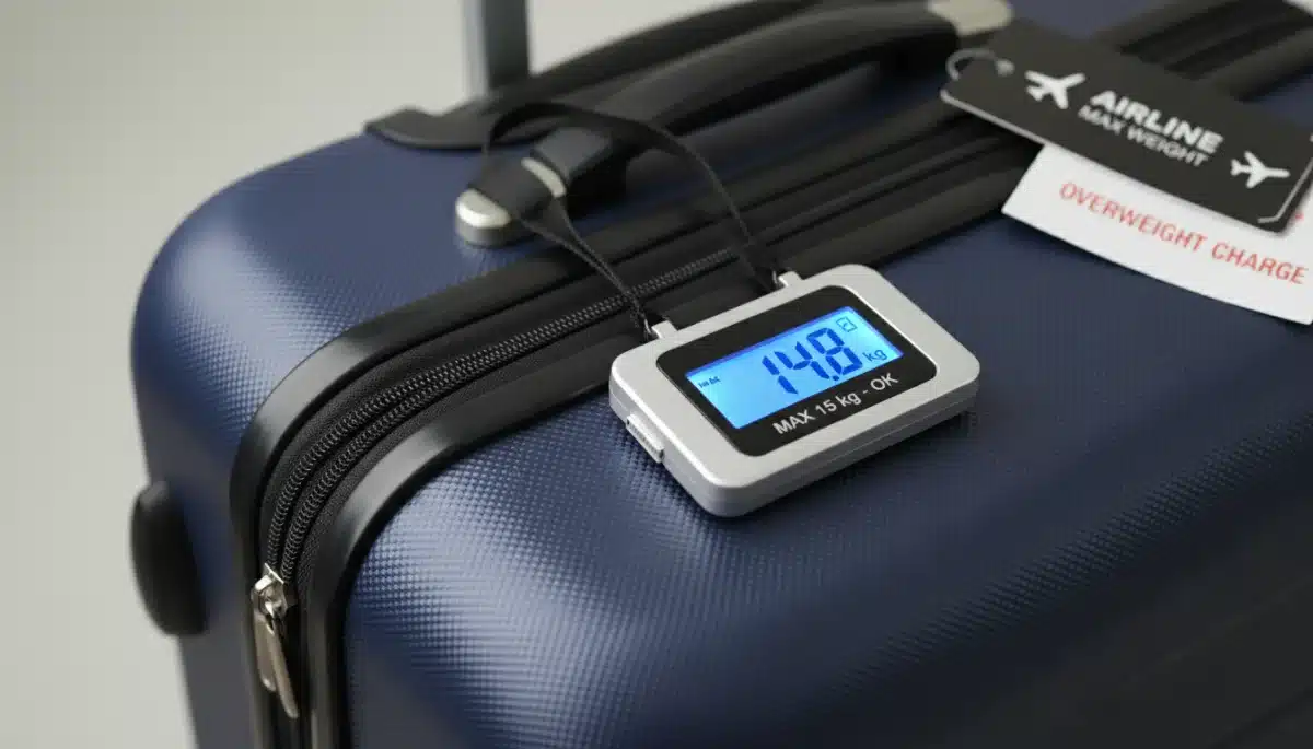 Digital luggage scale showing weight under limit for carry-on