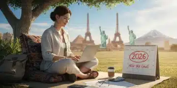 Digital nomad working on laptop with global landmarks and 2026 tax documents