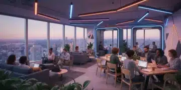 Diverse digital nomads collaborating in a modern co-working space in a US city, focusing on their laptops with a city view.