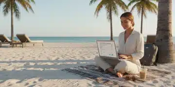 Digital nomad working on laptop at a Florida beach, symbolizing US state residency benefits and tax planning.