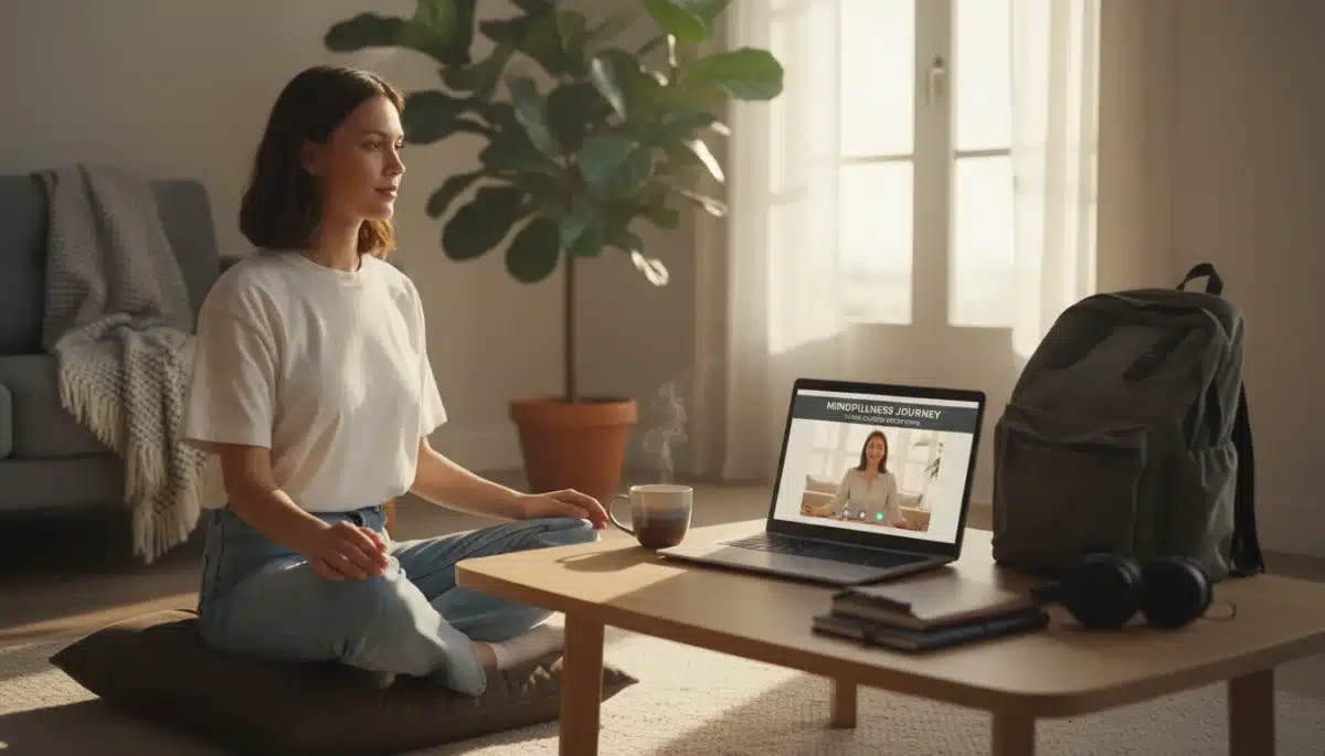 Digital nomad engaging in mindfulness meditation for mental health