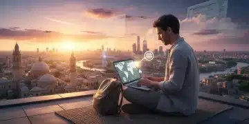 Digital nomad working abroad, laptop with city view, symbolizing US tax changes 2026