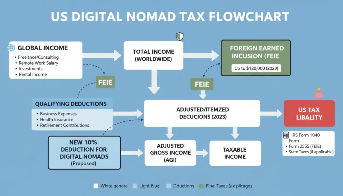 Infographic explaining income and deductions for US digital nomads in 2026