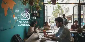 Digital nomad working remotely with virtual mailbox service icon