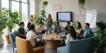 Diverse digital nomads collaborating in a modern co-living space common area