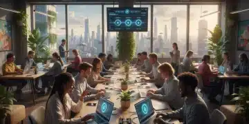 Digital nomads working securely in a modern co-working space, emphasizing data protection.