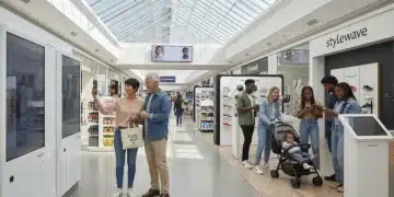 Diverse American consumers engaging with various brands in a modern marketplace