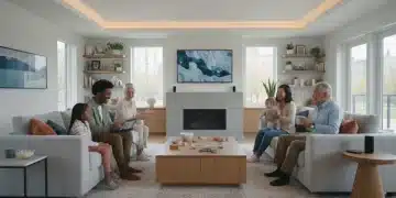 Diverse American family engaging in modern living space with technology