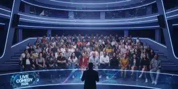 Diverse audience enjoying stand-up comedy, reflecting future humor trends