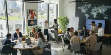 Diverse group collaborating in a modern inclusive office