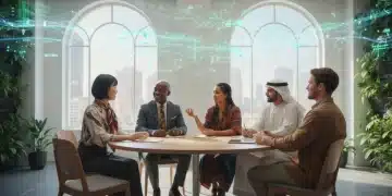 Diverse individuals communicating respectfully in a modern, global setting, symbolizing cultural sensitivity.
