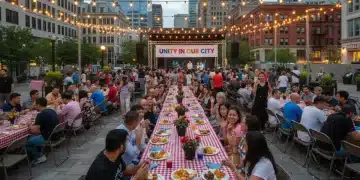 Diverse community members celebrating cultural identity in a vibrant U.S. city square