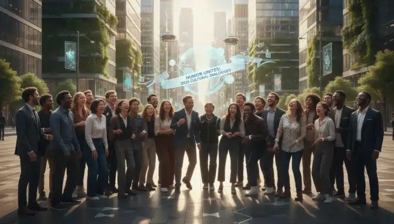 Diverse group laughing, understanding American humor nuances
