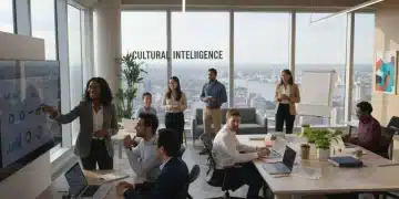 Diverse professionals collaborating in U.S. office, representing cultural intelligence