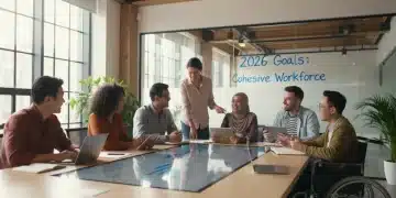 Diverse professionals collaborating in a modern office, symbolizing a cohesive American workforce by 2026.