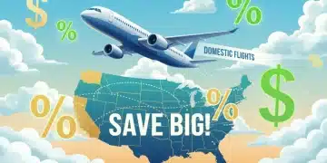Airplane flying over US map with savings symbols, representing domestic flight deals in 2026.