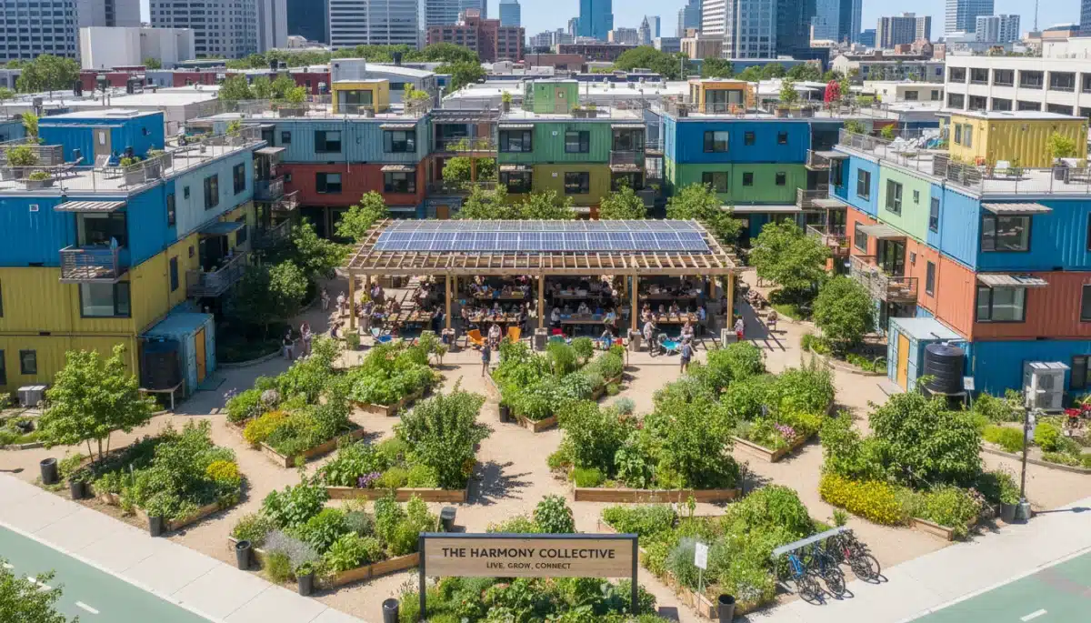 Eco-friendly co-living space campus with shared gardens and outdoor workspaces, representing innovative budget stays.