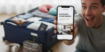 Excited traveler finding last-minute hotel deal on smartphone