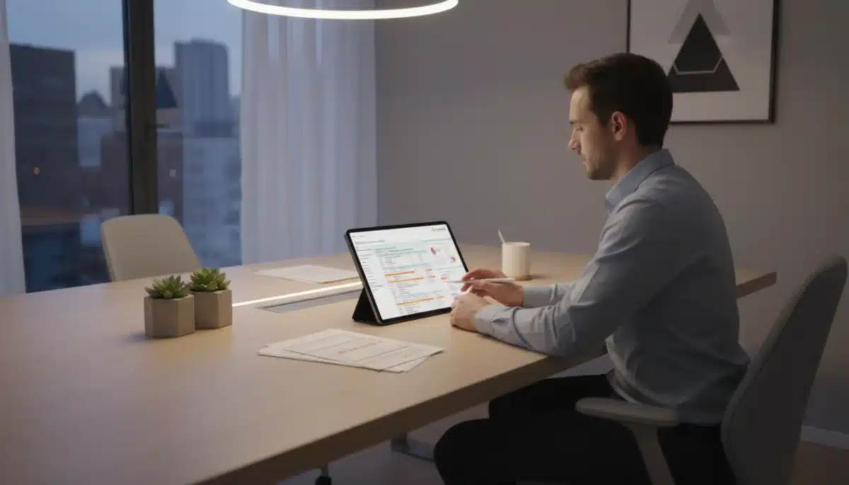 Person reviewing financial statements and tax forms on tablet