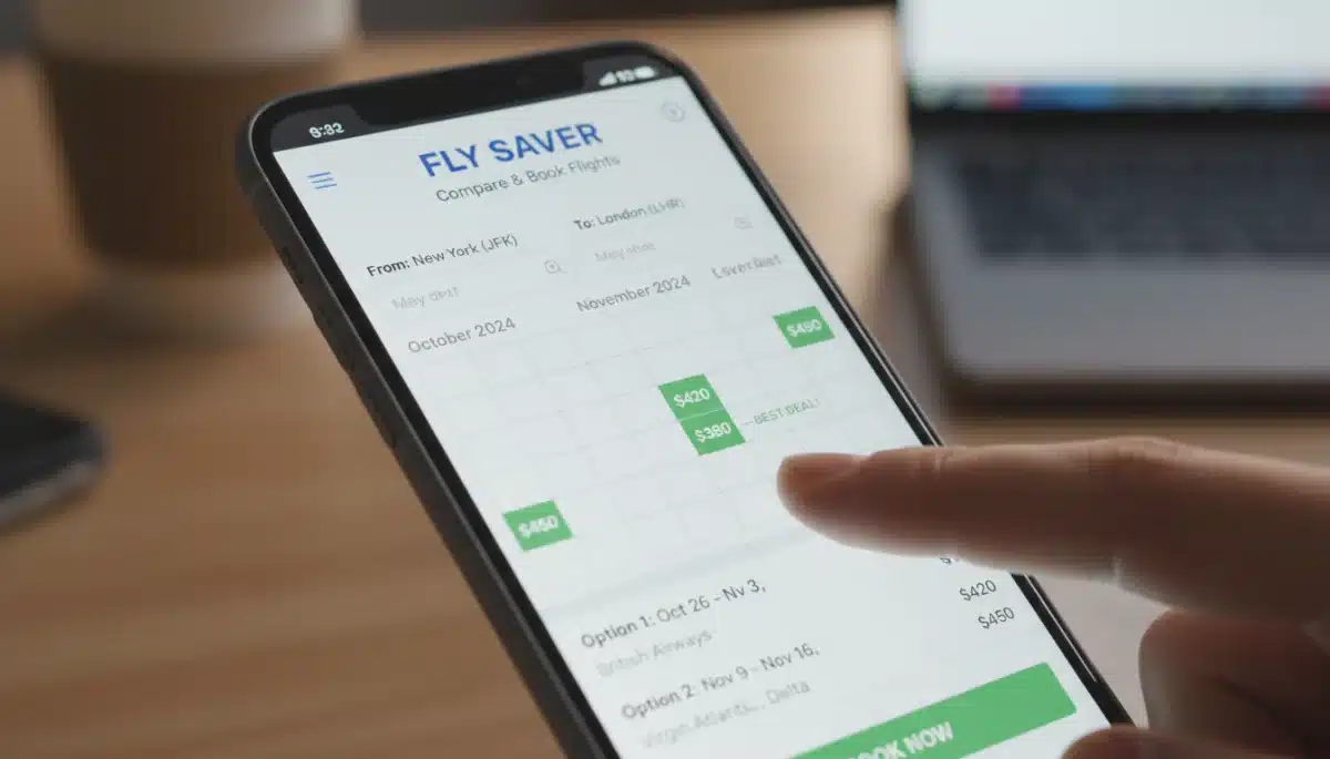 Smartphone displaying a flight comparison app with flexible dates and discounted prices for 2026 travel.