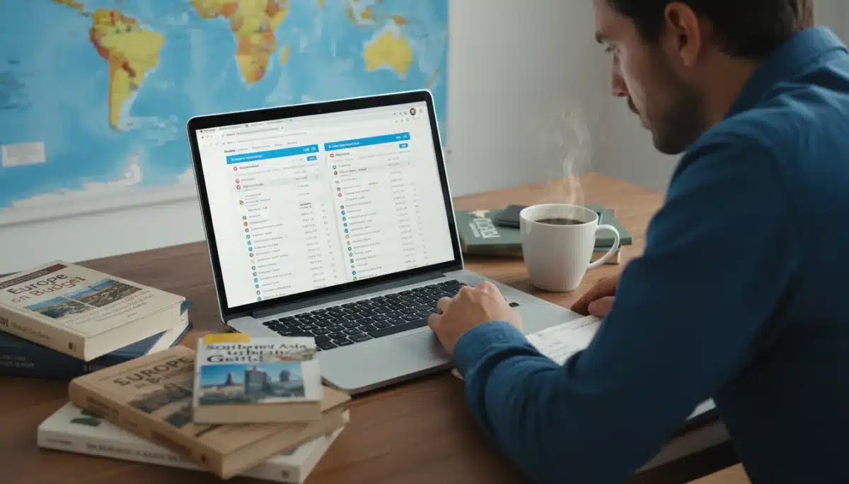 Traveler comparing flight prices on laptop for domestic flights.