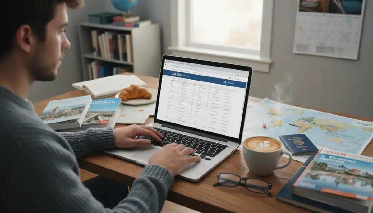 Person researching flight deals for US travel on a laptop
