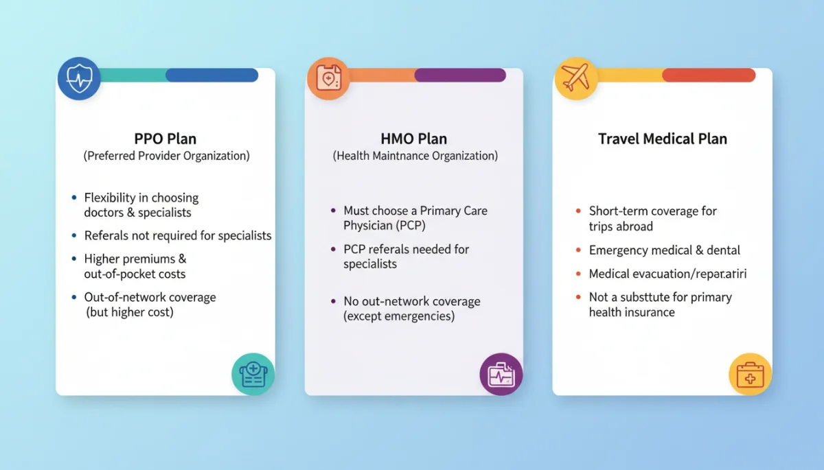 Comparison of various US health insurance plan types for digital nomads