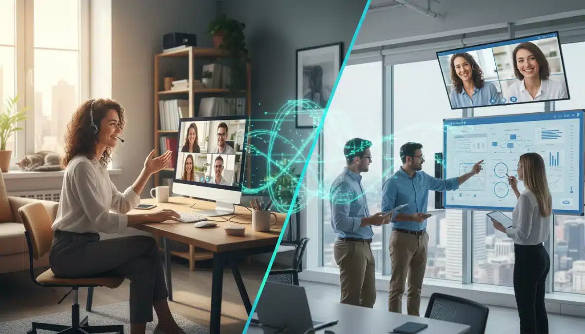 Hybrid work model integrating home office and in-person team collaboration