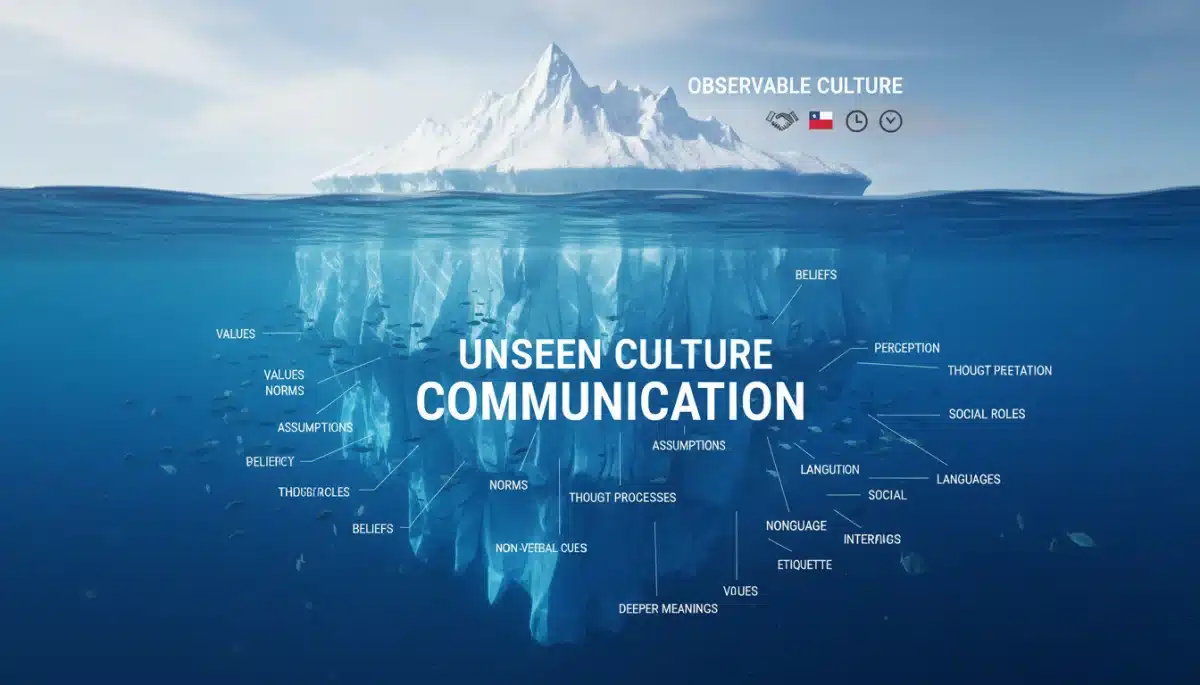 Iceberg metaphor illustrating visible and invisible aspects of culture in communication, highlighting hidden complexities.