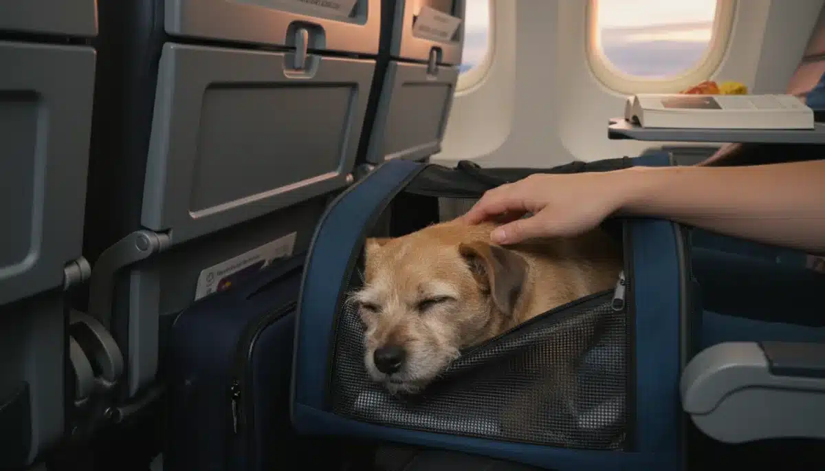 Small dog in airline-approved carrier on a plane.