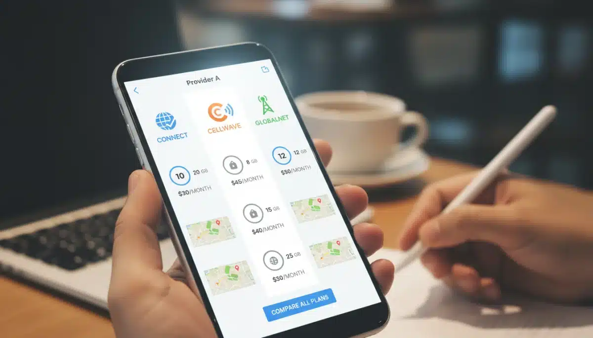Smartphone screen comparing mobile data plan features and prices for US travel